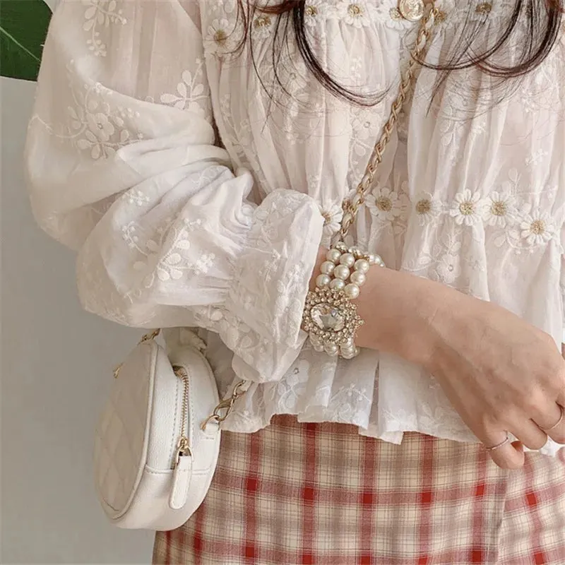 Sweet White Lace Floral V-neck Flare Sleeve Blouse from Korea