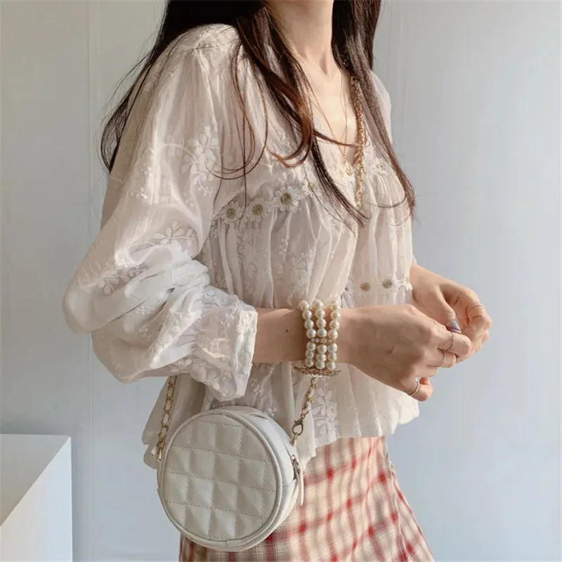 Sweet White Lace Floral V-neck Flare Sleeve Blouse from Korea