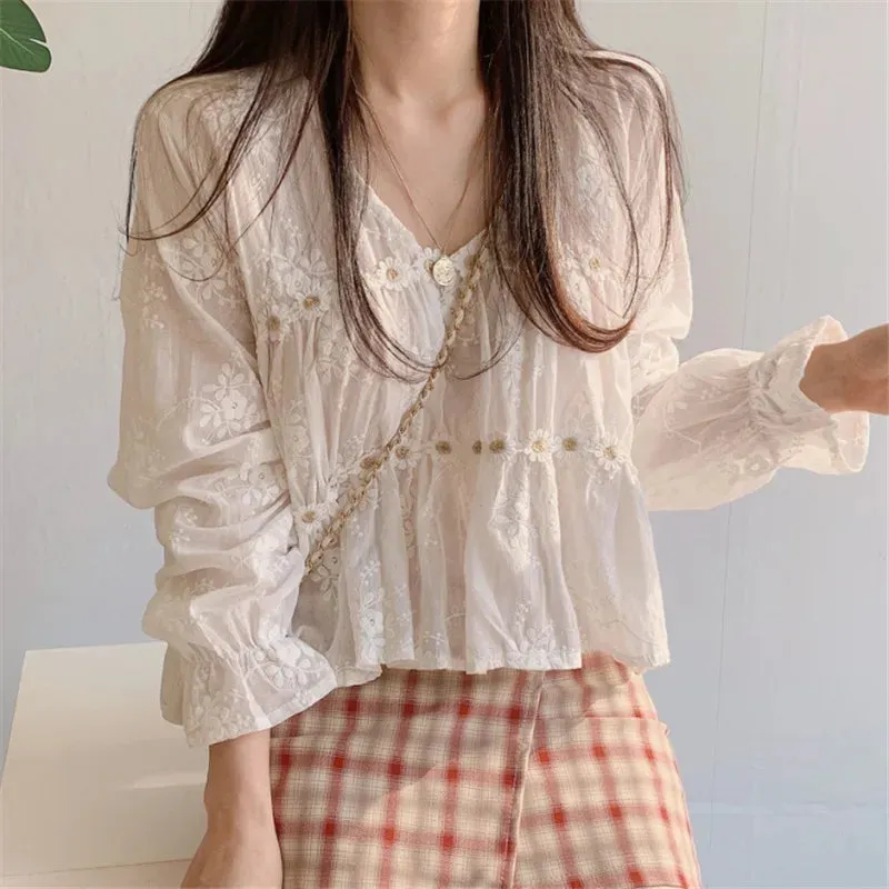 Sweet White Lace Floral V-neck Flare Sleeve Blouse from Korea