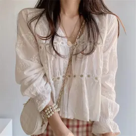 Sweet White Lace Floral V-neck Flare Sleeve Blouse from Korea