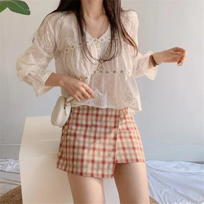 Sweet White Lace Floral V-neck Flare Sleeve Blouse from Korea