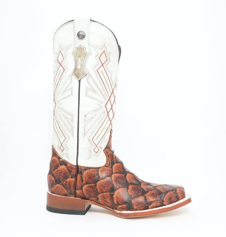 Tanner Mark Women's Pistol Print Monster Fish Square Toe Boots Cognac TML207073