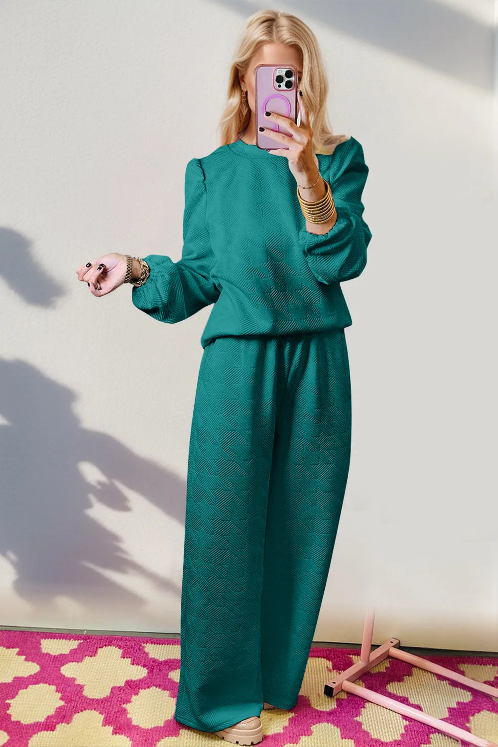 Texture Long Sleeve Top and Wide Leg Pants Set