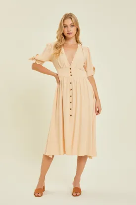 Textured Linen V-Neck Midi Dress