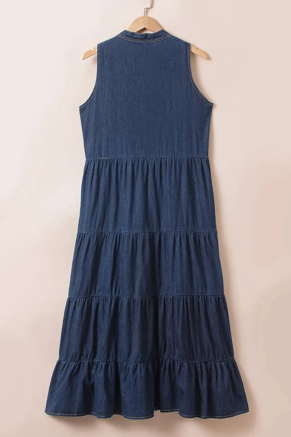 Tie Neck Sleeveless Denim Dress