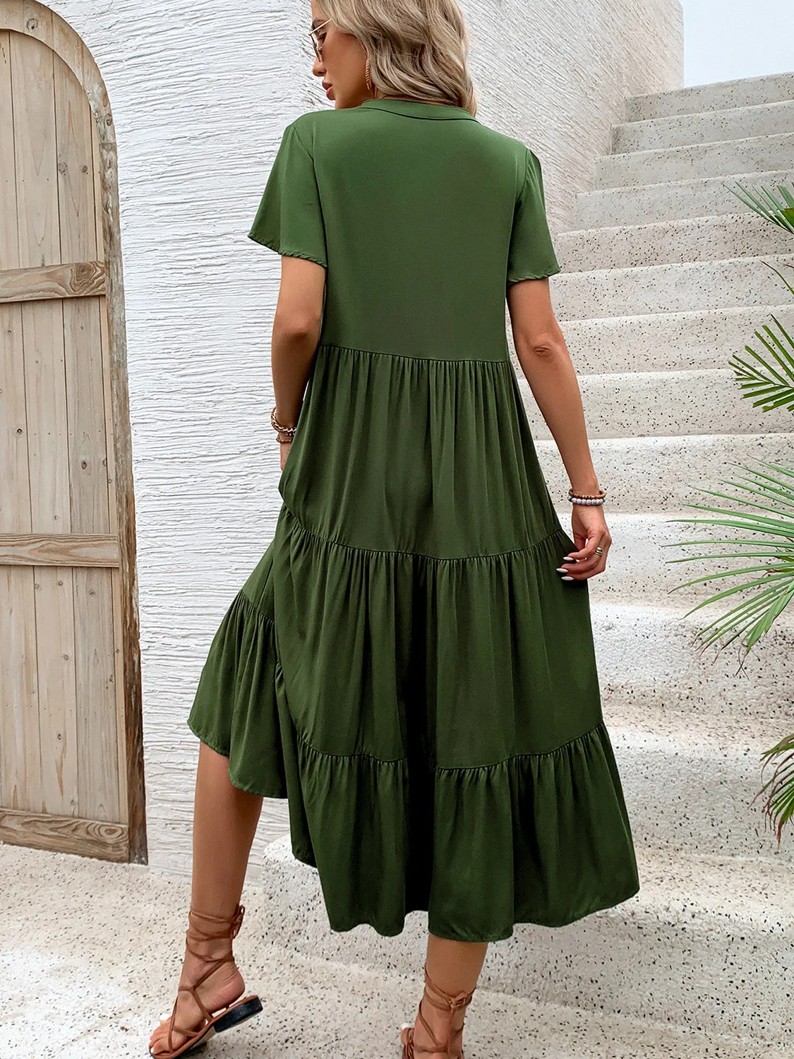 Tiered Notched Short Sleeve Midi Dress