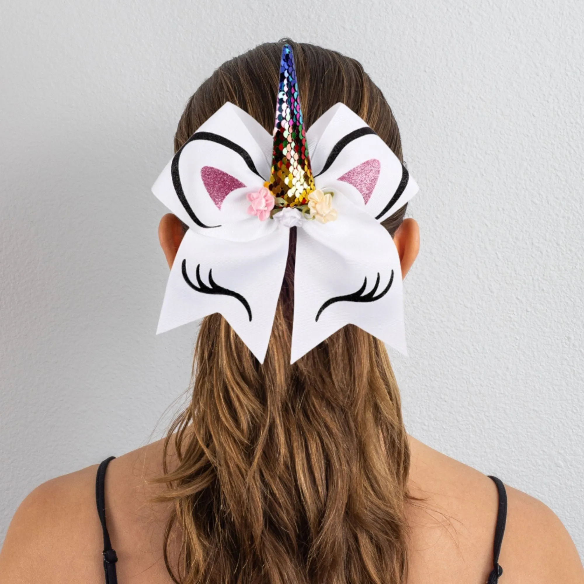 Unicorn Cheer Bow for Girls Large Hair Bows with Ponytail Holder Ribbon