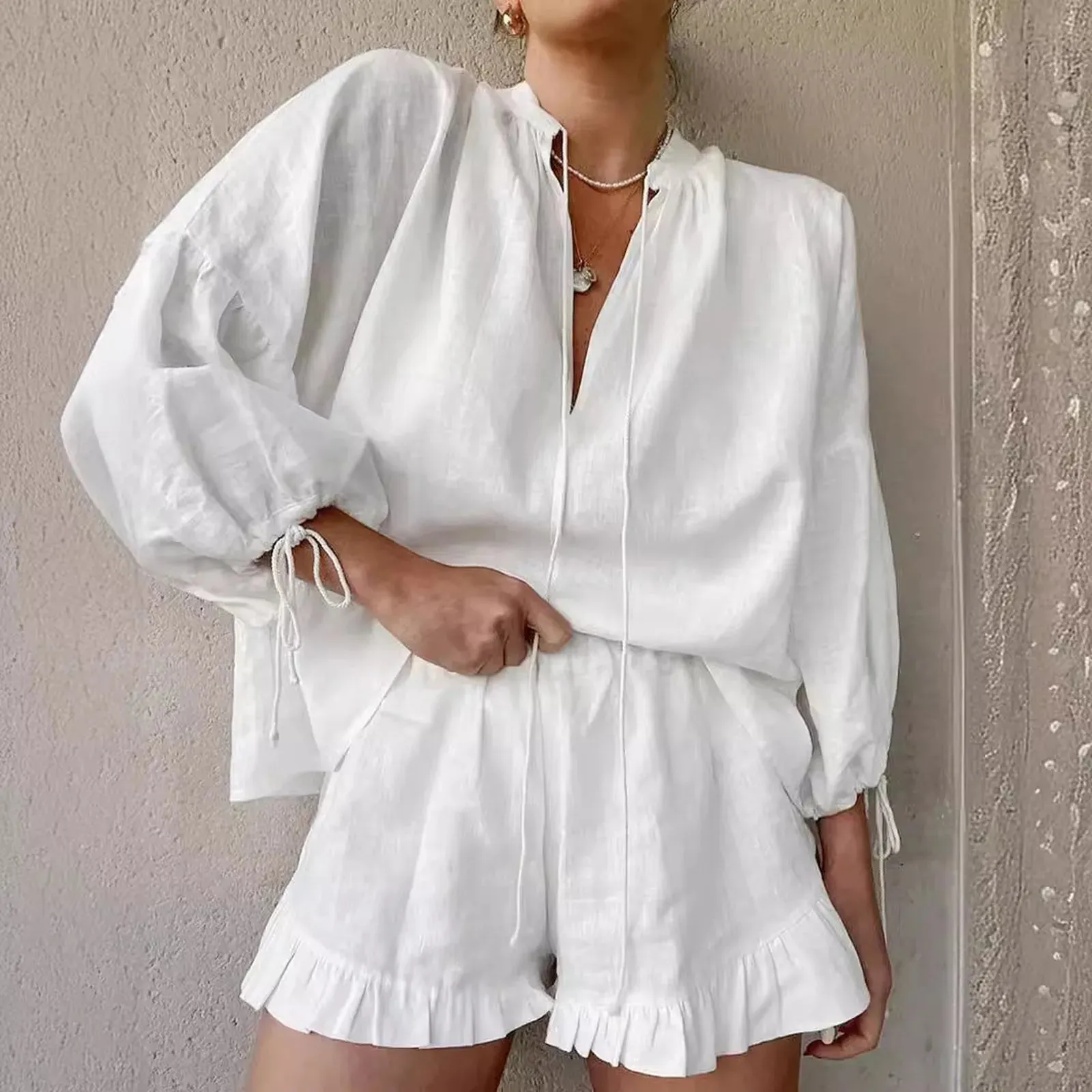 Vacation Fashion Casual Solid Color Summer V Neck Shirt Sexy Slim Women's Set