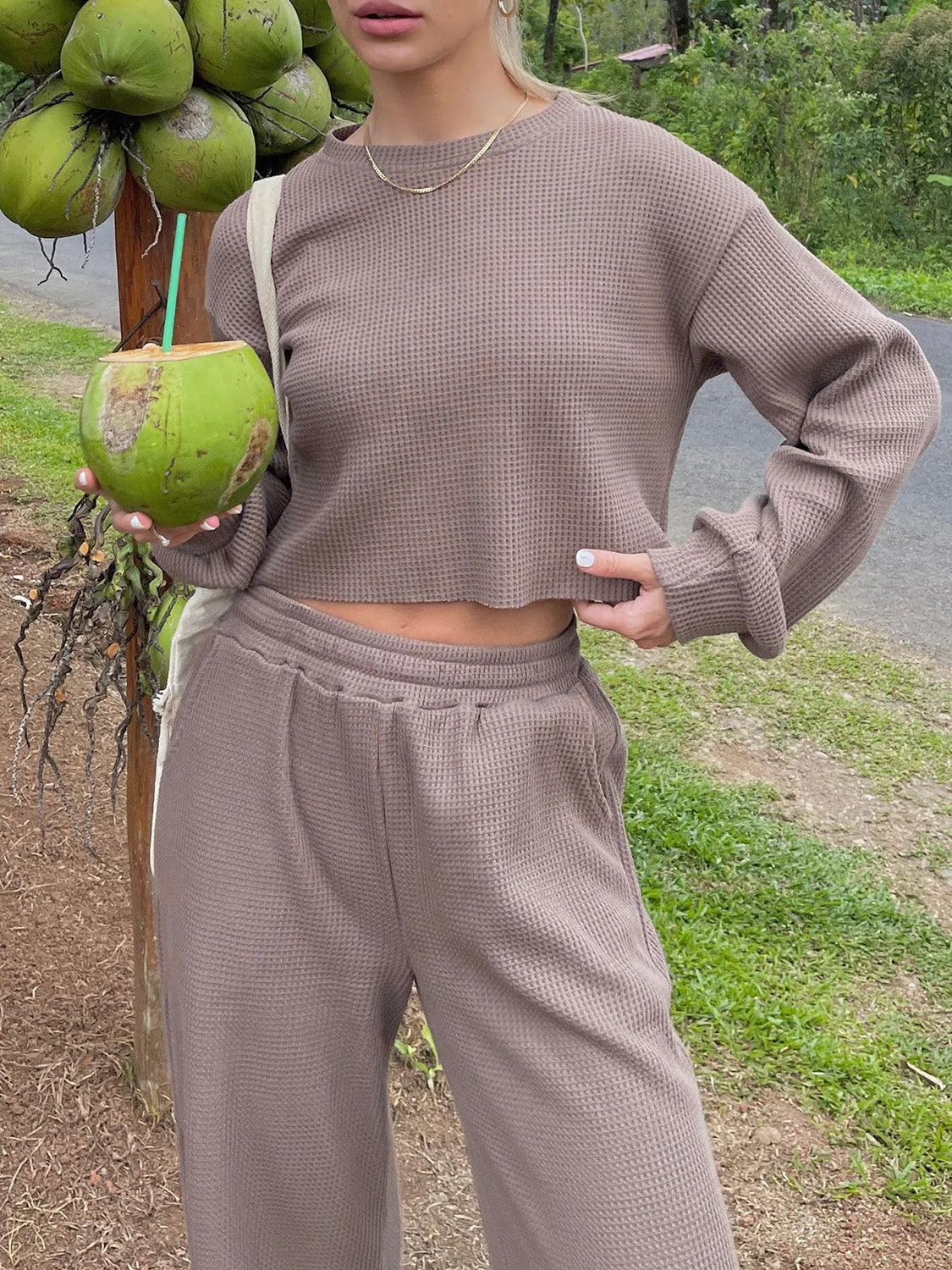 Waffle-Knit Round Neck Top and Pants Set