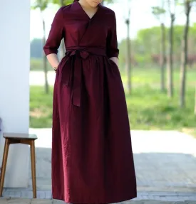 Waist Belt Cotton Half Sleeve Dress Long Women Dress SJP9201229