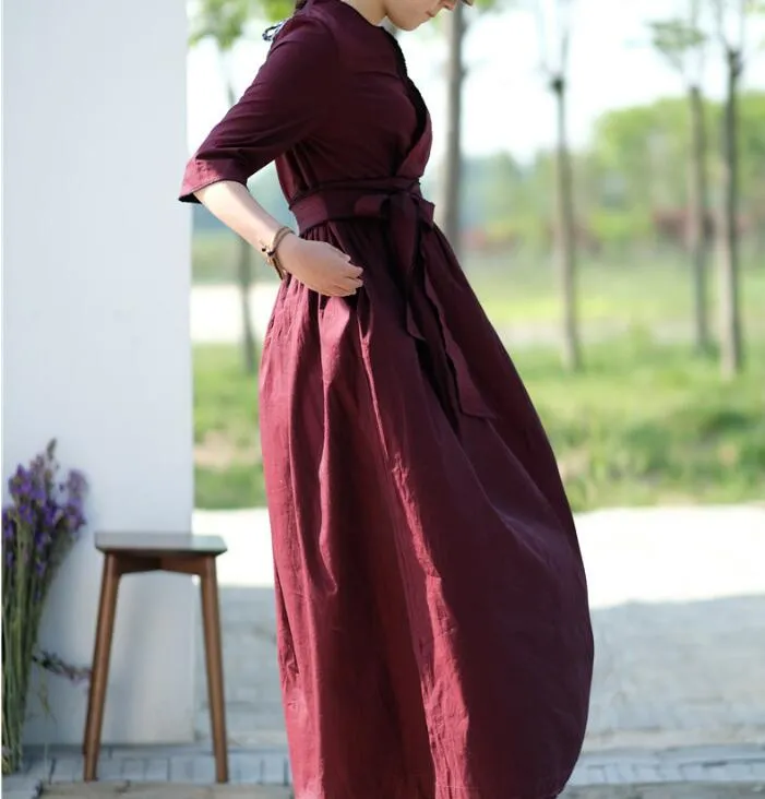 Waist Belt Cotton Half Sleeve Dress Long Women Dress SJP9201229