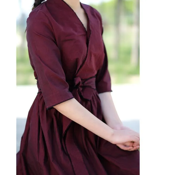 Waist Belt Cotton Half Sleeve Dress Long Women Dress SJP9201229