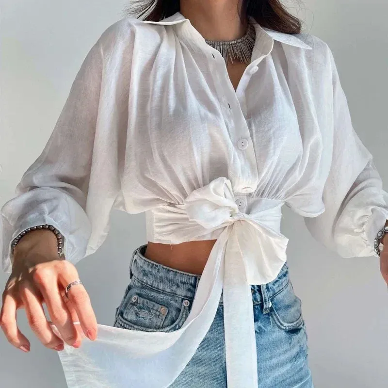 White Lace-up Batwing Sleeve Button Up Cropped Cardigan Blouse