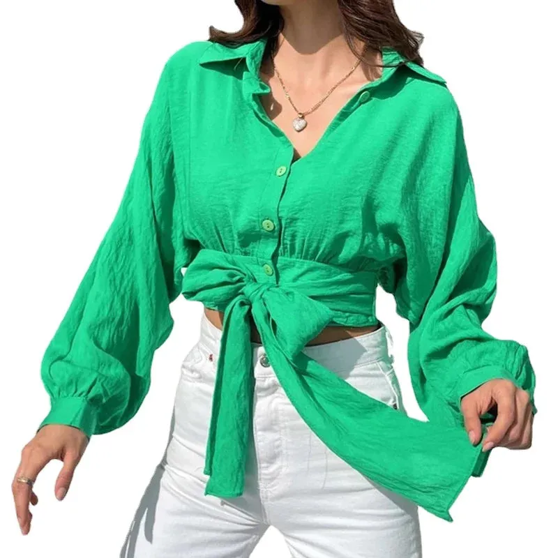 White Lace-up Batwing Sleeve Button Up Cropped Cardigan Blouse