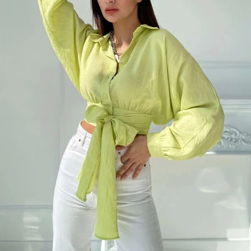 White Lace-up Batwing Sleeve Button Up Cropped Cardigan Blouse