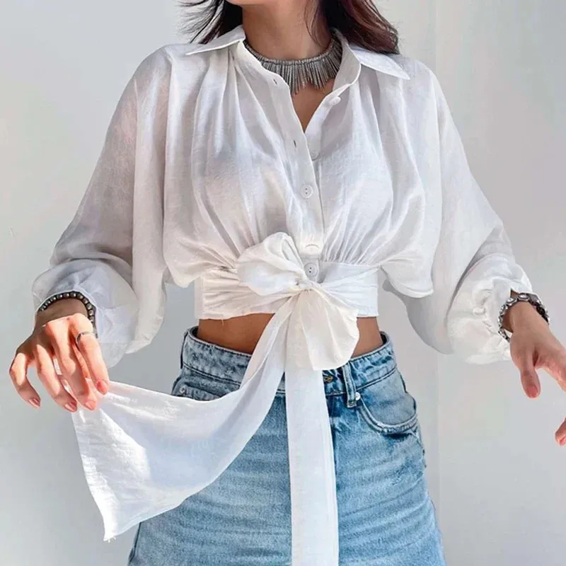 White Lace-up Batwing Sleeve Button Up Cropped Cardigan Blouse