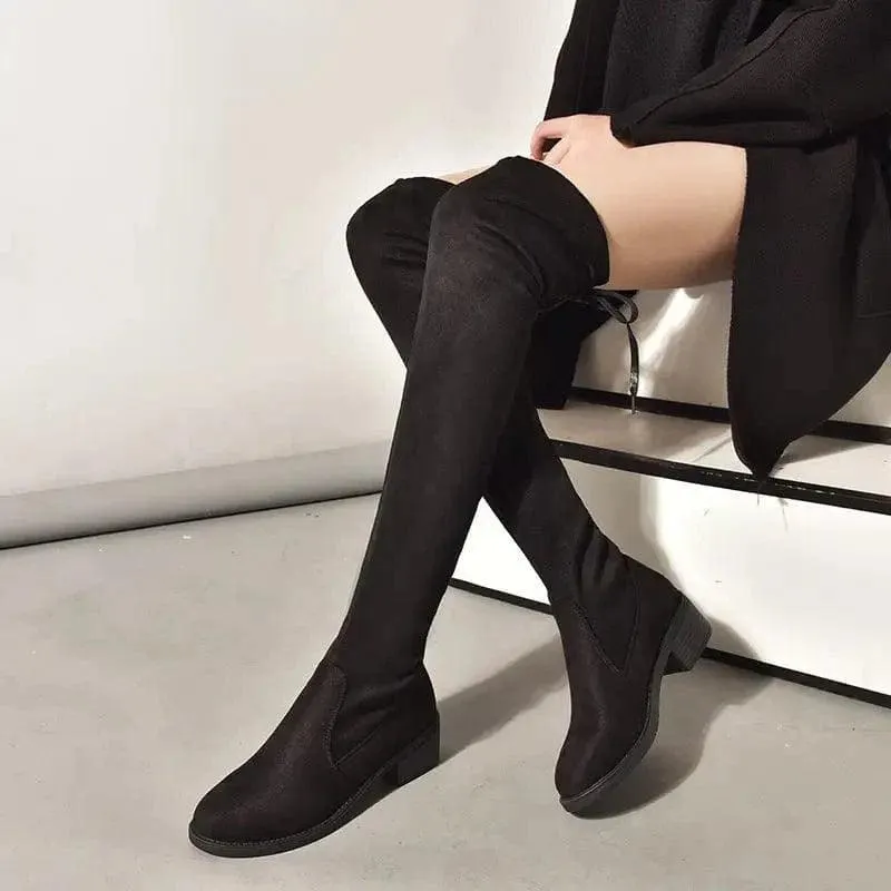 Women Fleece Flat Elastic Over Knee Slim Boots