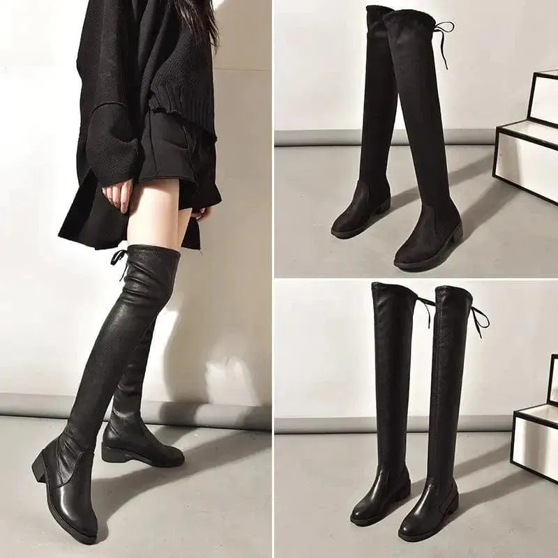 Women Fleece Flat Elastic Over Knee Slim Boots