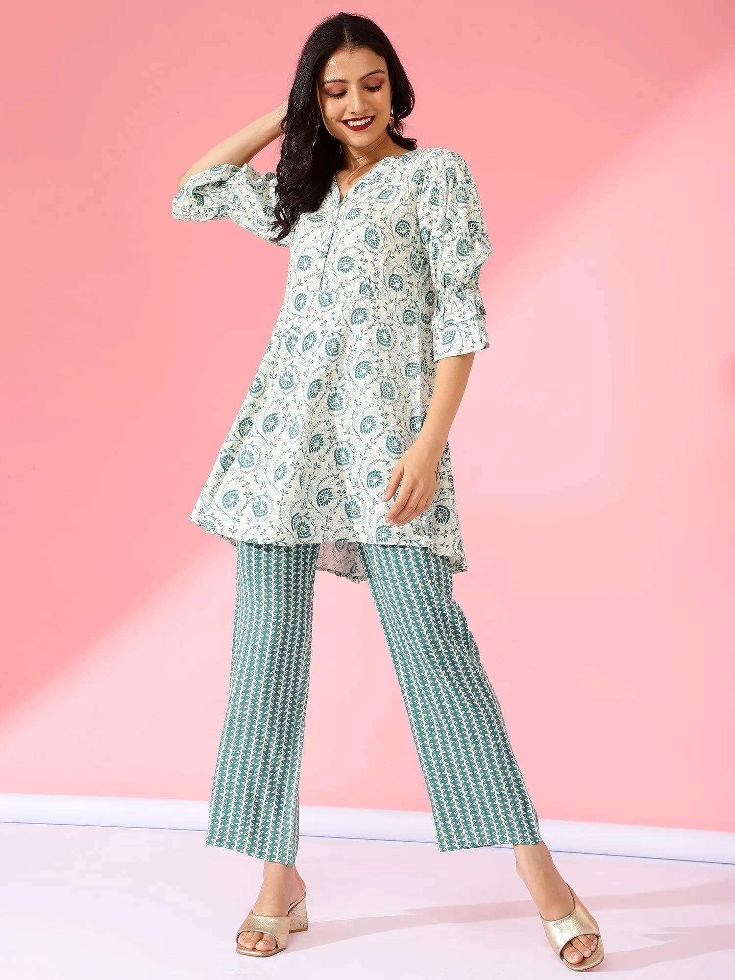 Women Printed Co-Ord Set Teal