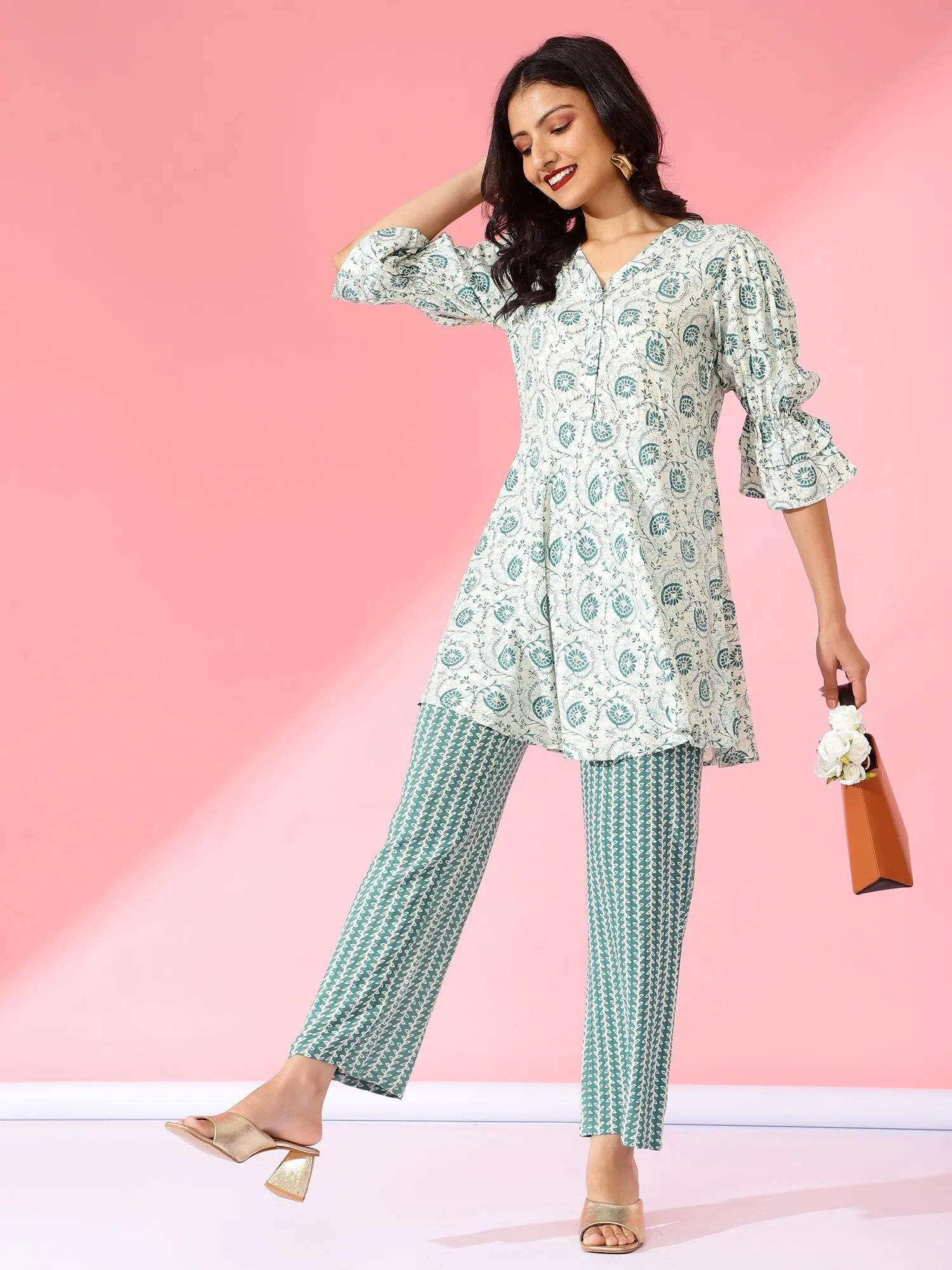 Women Printed Co-Ord Set Teal