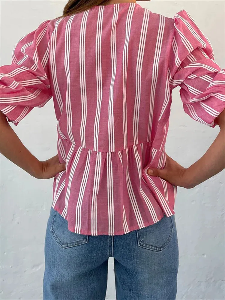 Women's Loose Casual Short Sleeve O Neck Solid Color/Striped Streetwear Blouse