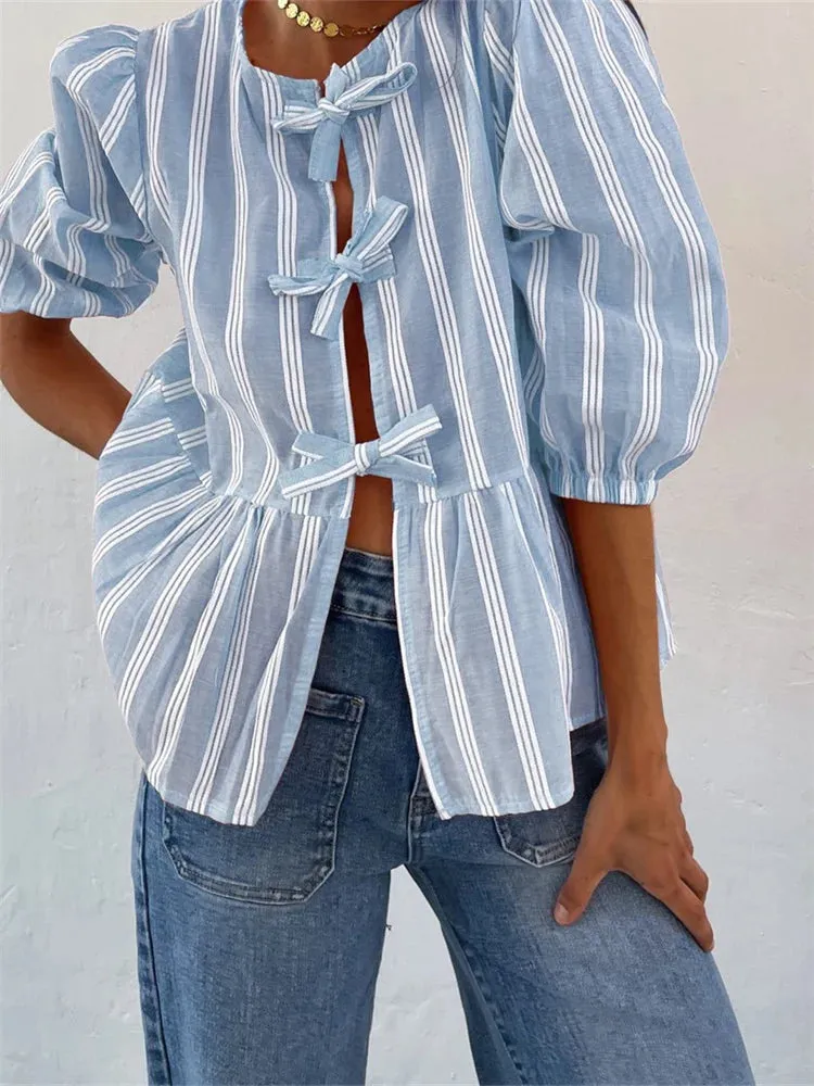 Women's Loose Casual Short Sleeve O Neck Solid Color/Striped Streetwear Blouse