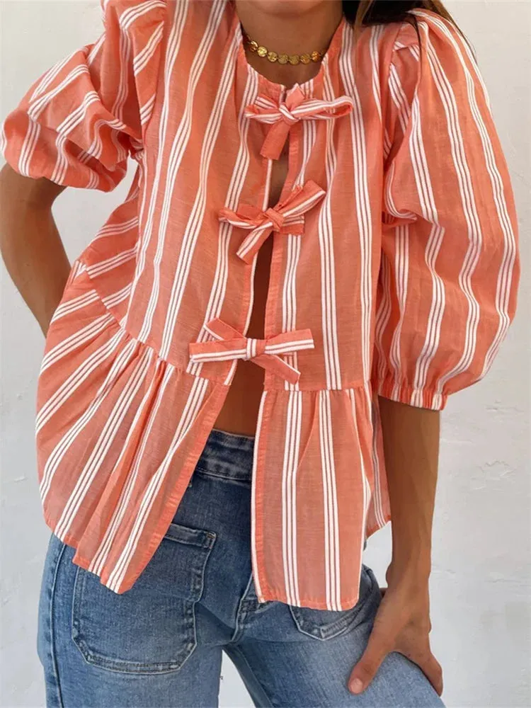 Women's Loose Casual Short Sleeve O Neck Solid Color/Striped Streetwear Blouse