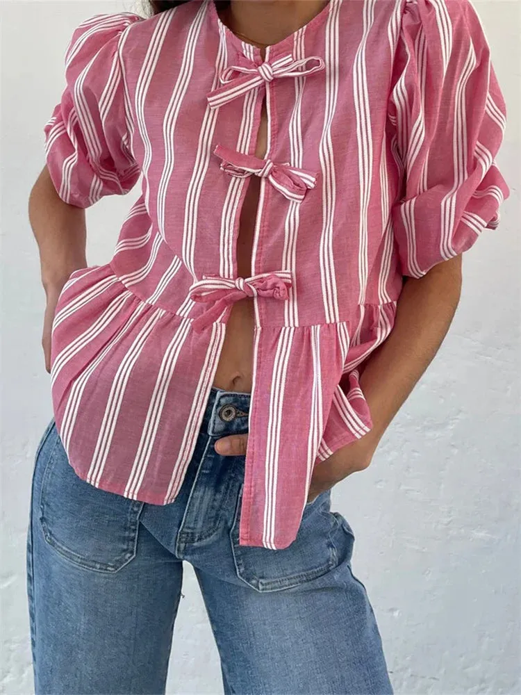 Women's Loose Casual Short Sleeve O Neck Solid Color/Striped Streetwear Blouse