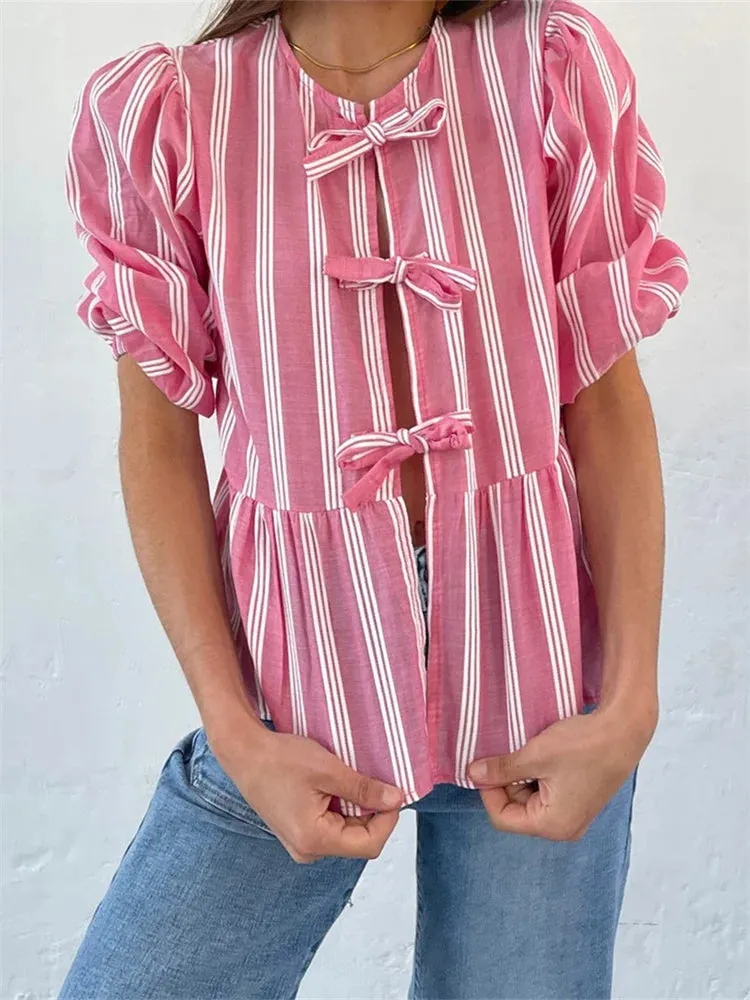 Women's Loose Casual Short Sleeve O Neck Solid Color/Striped Streetwear Blouse