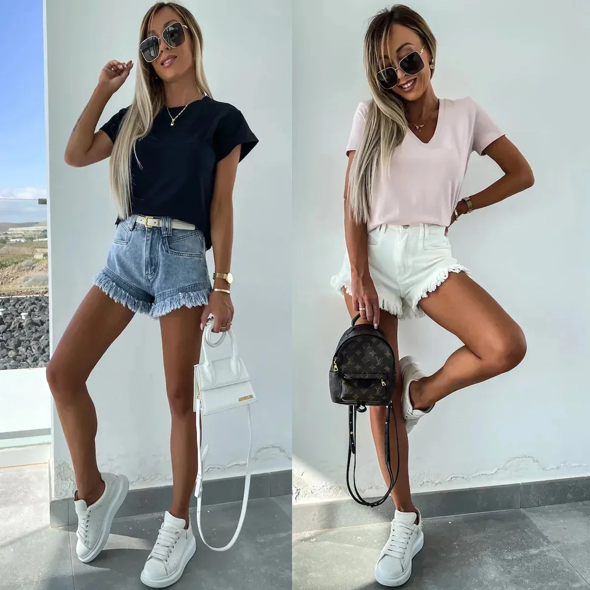 Women's Mid Waist Tassel Denim Shorts