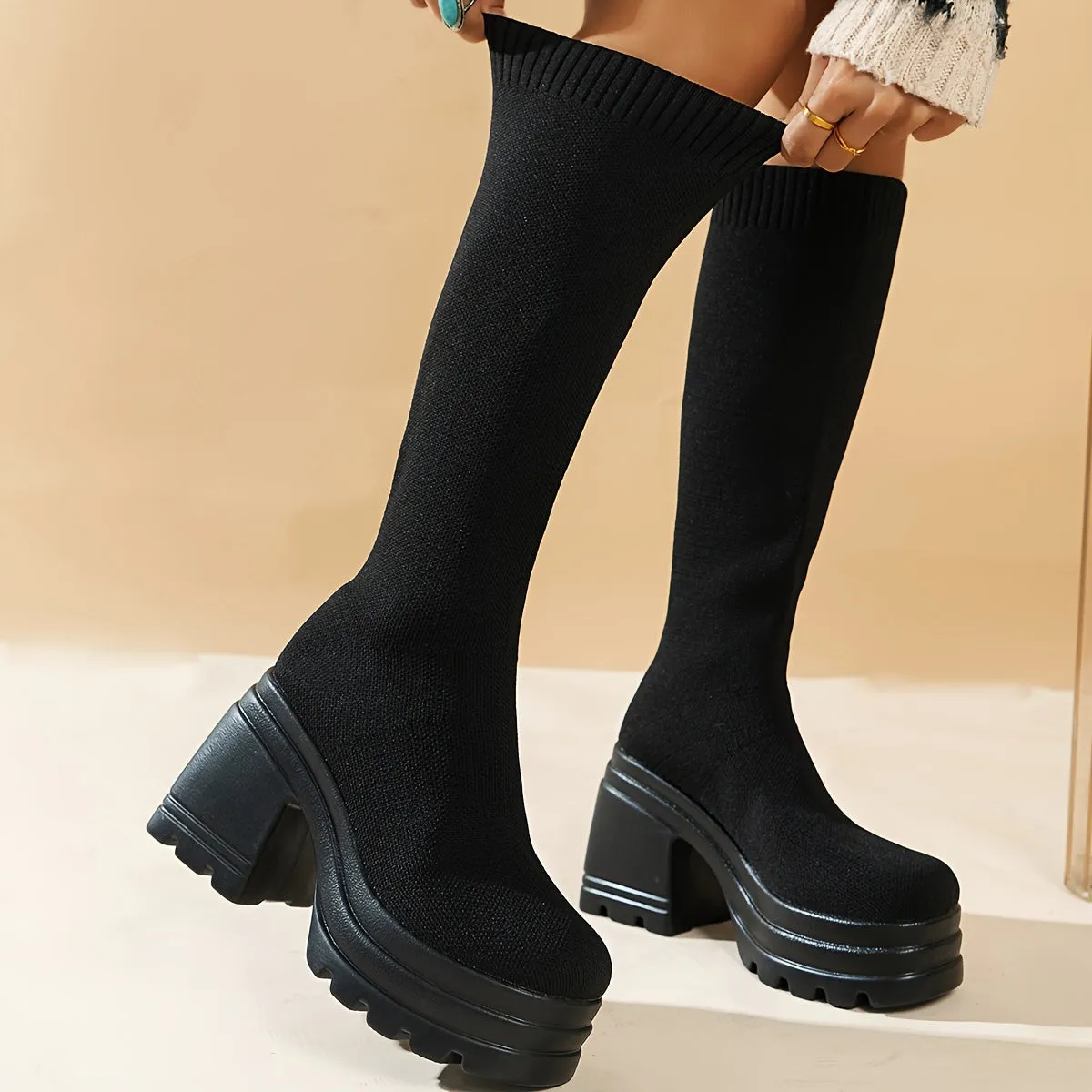 Women's Solid Color Trendy Boots, Pull On Platform Soft Sole Knitted Chunky Heels, High Knee Slim Stretch Winter Boots