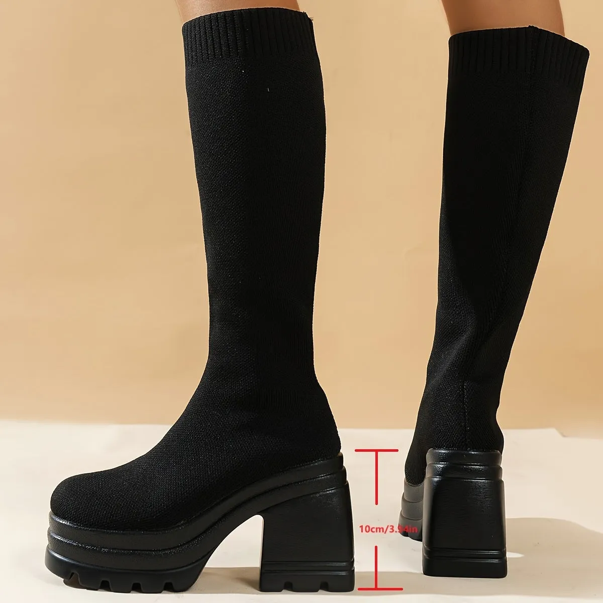 Women's Solid Color Trendy Boots, Pull On Platform Soft Sole Knitted Chunky Heels, High Knee Slim Stretch Winter Boots