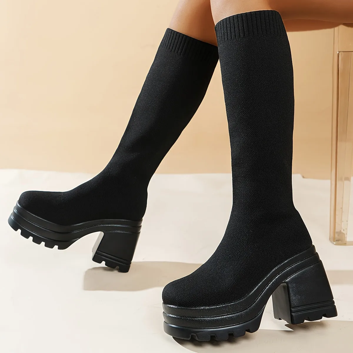 Women's Solid Color Trendy Boots, Pull On Platform Soft Sole Knitted Chunky Heels, High Knee Slim Stretch Winter Boots