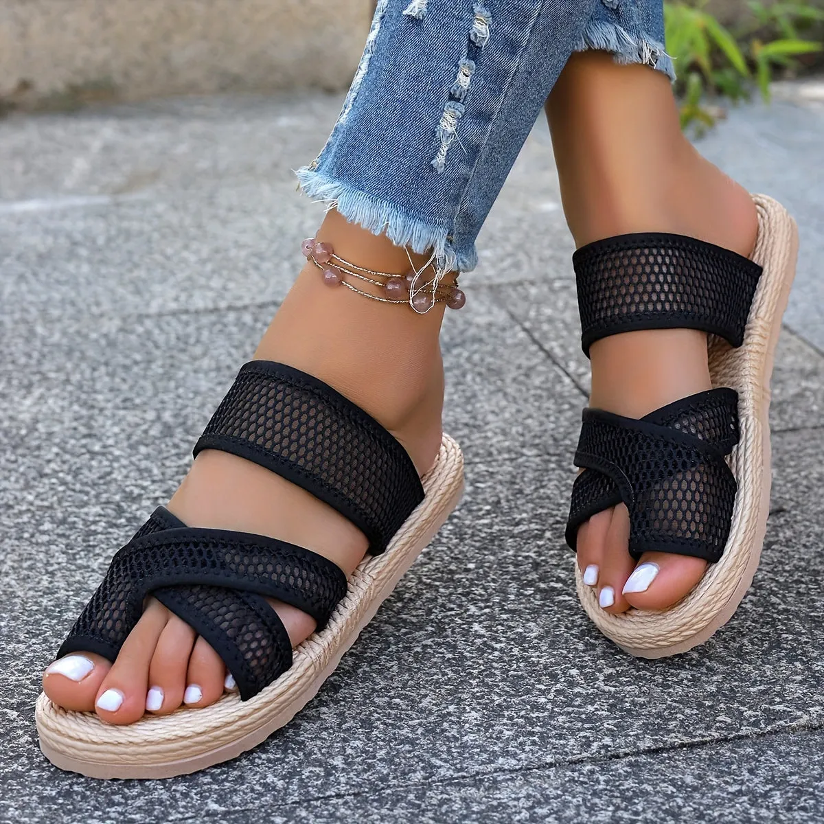 Women's Summer Fashion Slide Sandals - Comfortable, Non-Slip, Casual Toe Loop Design With Breathable Fabric & Eva Sole