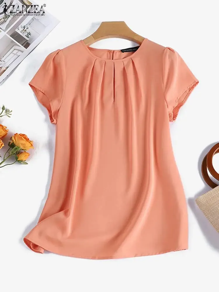 ZANZEA Summer Blouse Short Sleeve Work Blusas Women Fashion Solid Basic Shirt Causal Pleated Desgin Tops Mujer Femme Office Top