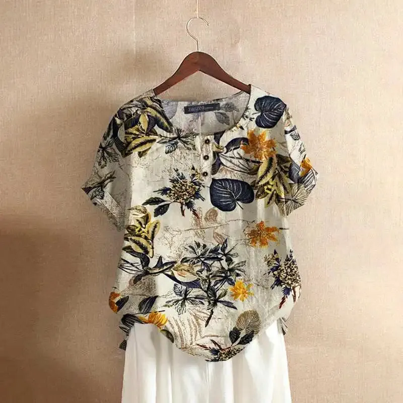 ZANZEA Women Cotton Shirt Fashion Floral Printed Tops Ladies Kaftan Chemise 2024 Summer Short Sleeve Blouses Causal O-neck Tunic